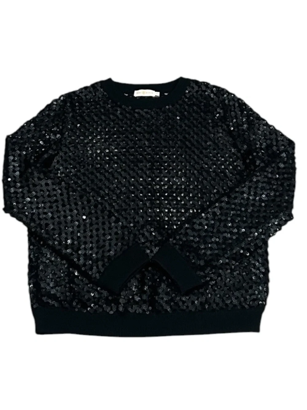 Tory Burch Black Lansing Merino Wool Blend Open Knit Sequin Sweater Women's M